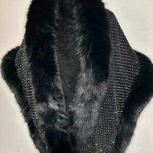 Elegant Black Fur Shawl with Rhinestone Detailing
